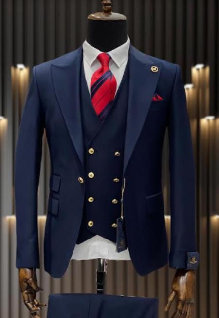 Rossiman Brand Navy Blue Suits - 1 Button Suit Peak Lapel Double Breasted Vest