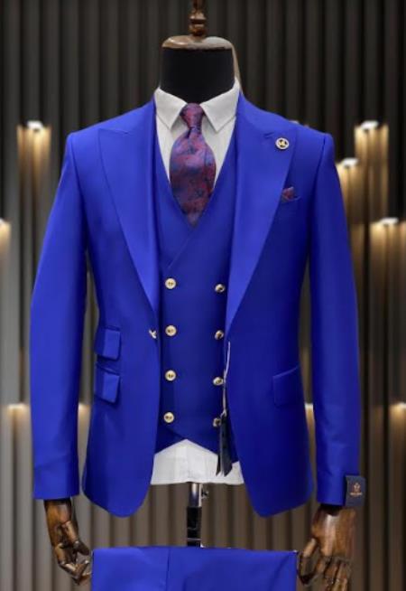 Rossiman Brand Royal Blue Suits - 1 Button Suit Peak Lapel Double Breasted Vest