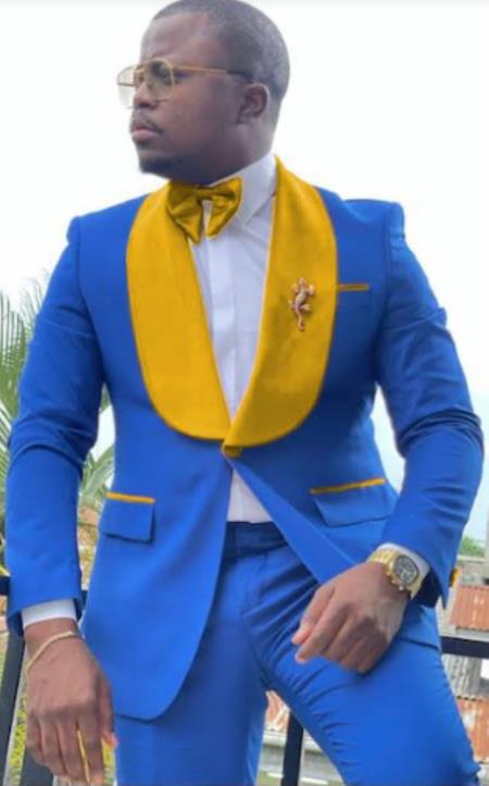 Royal Blue Tuxedo With Gold Lapel Jacket + Pants + Vest - Royal Suit