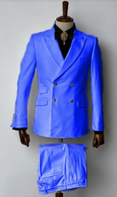 Mens Velvet Suit - Slim Fit Double Breasted Suit Blazer And Pants - Royal Blue
