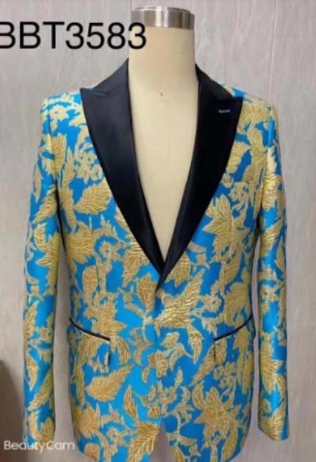 Style#PRonti-B6362 Mens Blazer - Turquoise and Gold Paisley Blazer - Fashion Prom Sport Coat