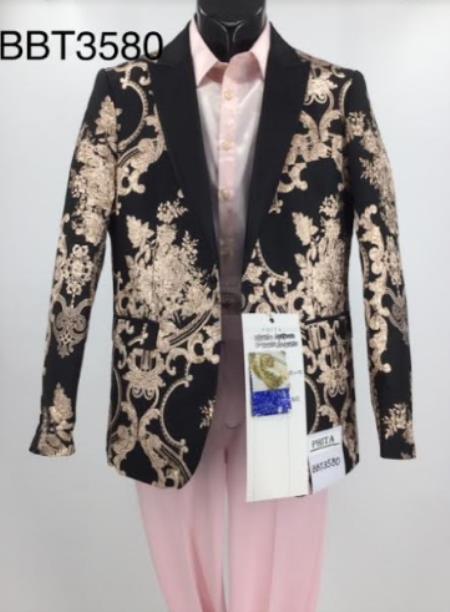 Style#PRonti-B6362 Mens Blazer - Black and Rose Gold Paisley Blazer - Fashion Prom Sport Coat