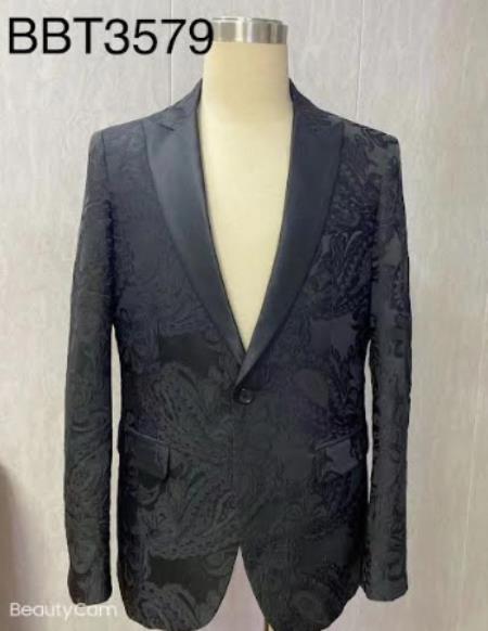 Style#PRonti-B6362 Mens Blazer - Black Paisley Blazer - Fashion Prom Sport Coat