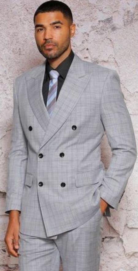 Gray Windowpane Double Breasted Modern Fit Suit for Men Roxbury