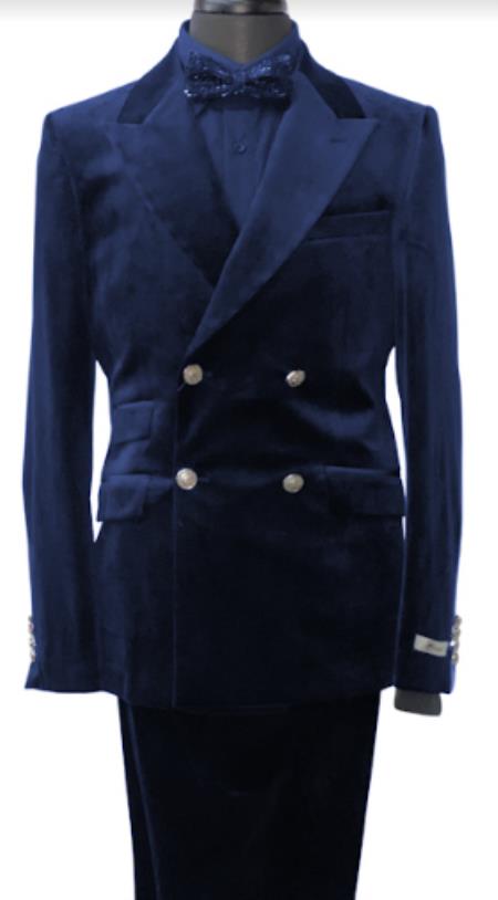 Velvet Suits - Double Breasted Suits - Slim Fit Suit Navy Blue -  Navy Blue