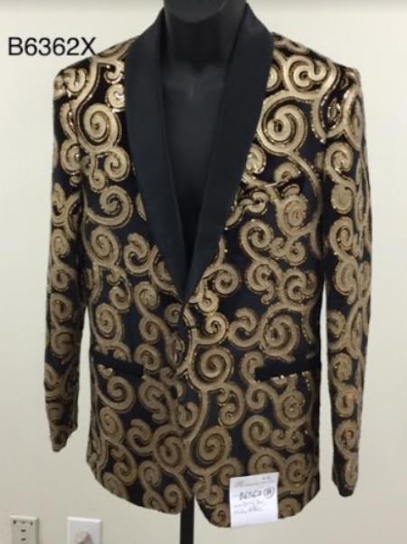 Style#PRonti-B6362 Mens Blazer - Black and Gold Paisley Blazer - Fashion Prom Sport Coat