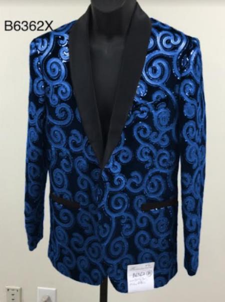 Style#PRonti-B6362 Mens Blazer - Royal Blue Paisley Blazer - Fashion Prom Sport Coat - Velvet Fabric