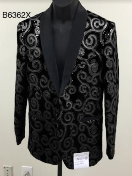 Style#PRonti-B6362 Mens Blazer - Black and Black Paisley Blazer - Fashion Prom Sport Coat