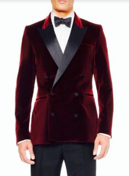 Style#PRonti-B6362 Mens Burgundy Velvet Tuxedo Sportcoat - Velvet Suits Double Breasted Blazer - Slim Fit