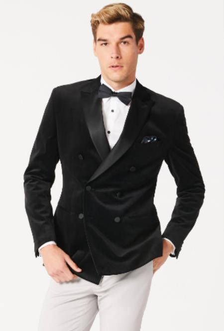 Style#PRonti-B6362 Mens Black Velvet Tuxedo Sportcoat - Velvet Suits Double Breasted Blazer - Slim Fit