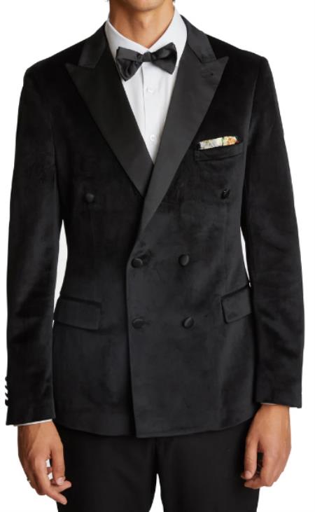Style#PRonti-B6362 Mens Black Velvet Tuxedo Sportcoat - Velvet Suits Double Breasted Blazer - Slim Fit