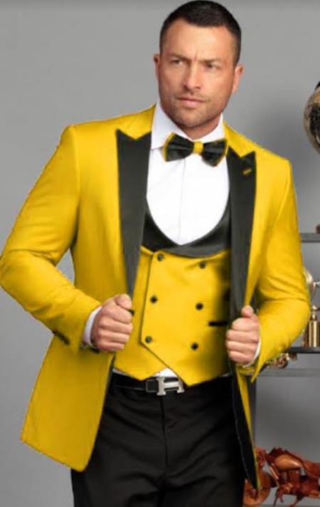 Mens One Button Peak Label Suit Yellow