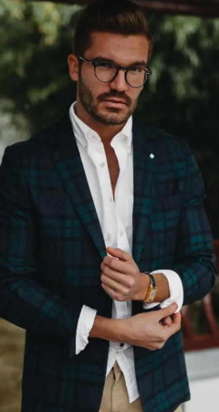 Style#PRonti-B6362 Mens Green Plaid Blazer - Business Wool Blue Checkered Sport Coat