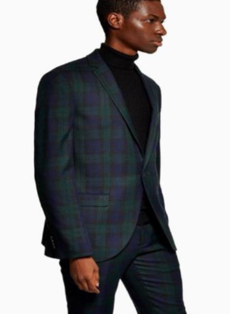 Green and Blue Plaid Suit With Black Sweater - 100% Wool Suit - Vested Suit - Texture Suit