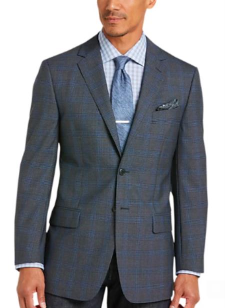 Style#PRonti-B6362 Charcoal Grey and Blue Pattern 100% Wool Plaid Blazer - Windowpane Sport Coat