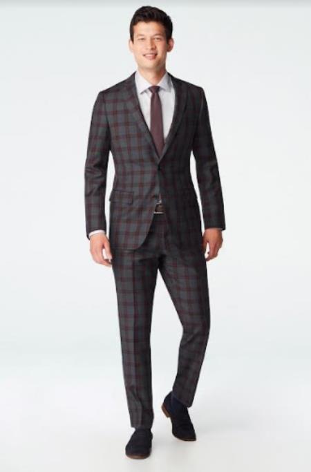 100% Wool Suit - Vested Plaid Suit Available in Charcoal and Burgundy Plaid - 2 Button 3 Piece With Vest Flat Front Pants Modern Fit