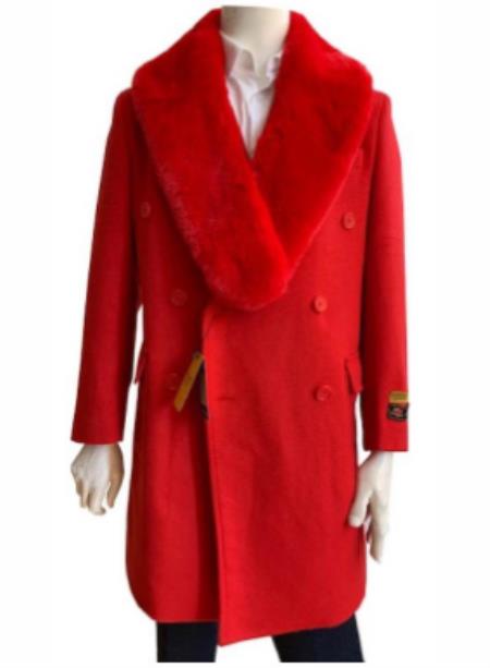 Red Mens Overcoat - Double Breasted Peacoat With Fur Collar