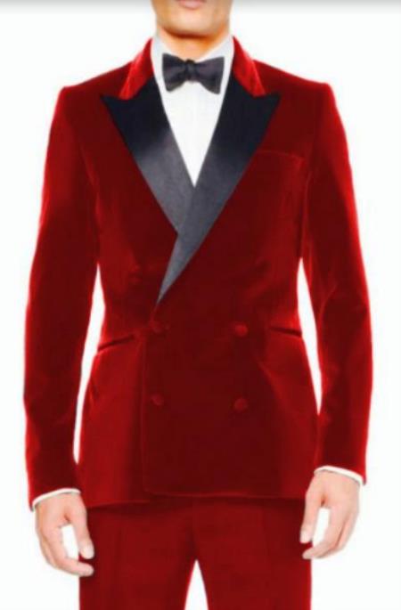 Style#PRonti-B6362 Mens Red Velvet Tuxedo Sport Coat - Velvet Suits Double Breasted Blazer - Slim Fit