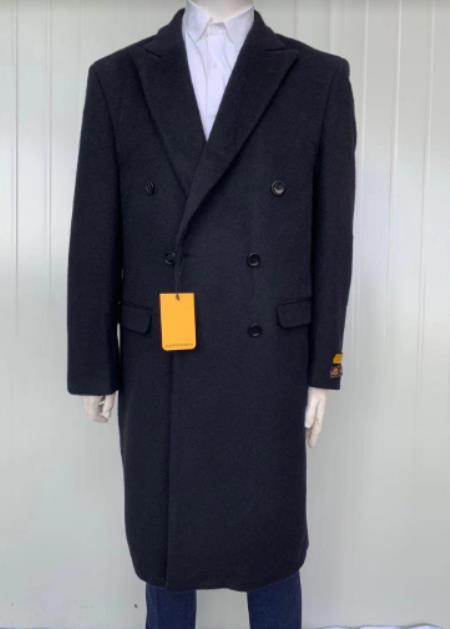 #JA58468 Mens Cashmere Blend Black Coat Full length - Cashmere Wool Overcoat