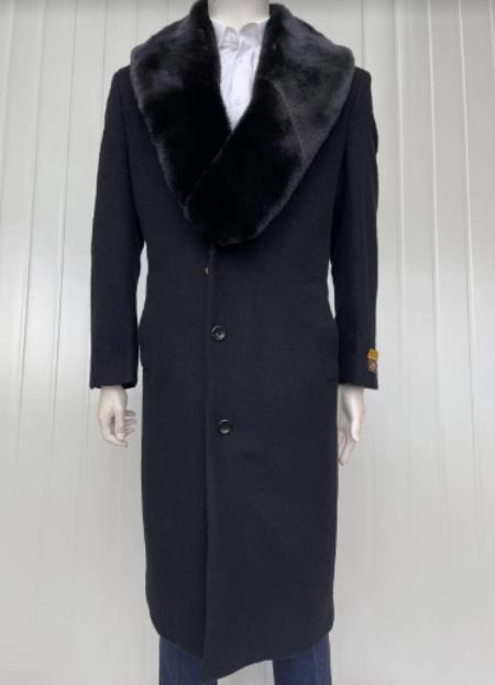 #JA58470 Mens Cashmere Blend Black Coat Full length - Cashmere Wool Overcoat