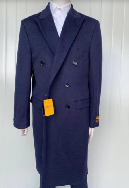 #JA58478 Mens Cashmere Blend Blue Coat Full length - Cashmere Wool Overcoat