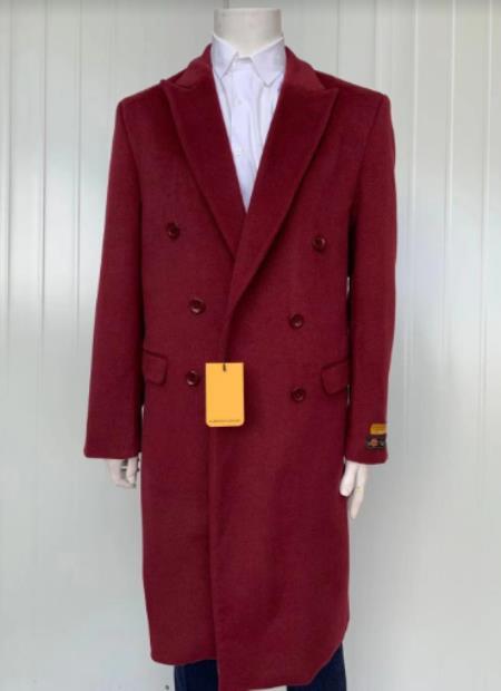 #JA58479 Mens Cashmere Blend Burgundy Coat Full length - Cashmere Wool Overcoat
