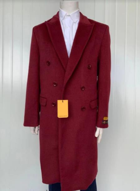 #JA58483 Mens Cashmere Blend Burgundy Coat Full length - Cashmere Wool Overcoat