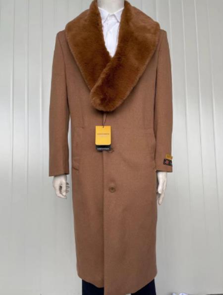#JA58490 Mens Cashmere Blend Vicuna Light Brown - Dark Camel Coat Full length - Cashmere Wool Overcoat
