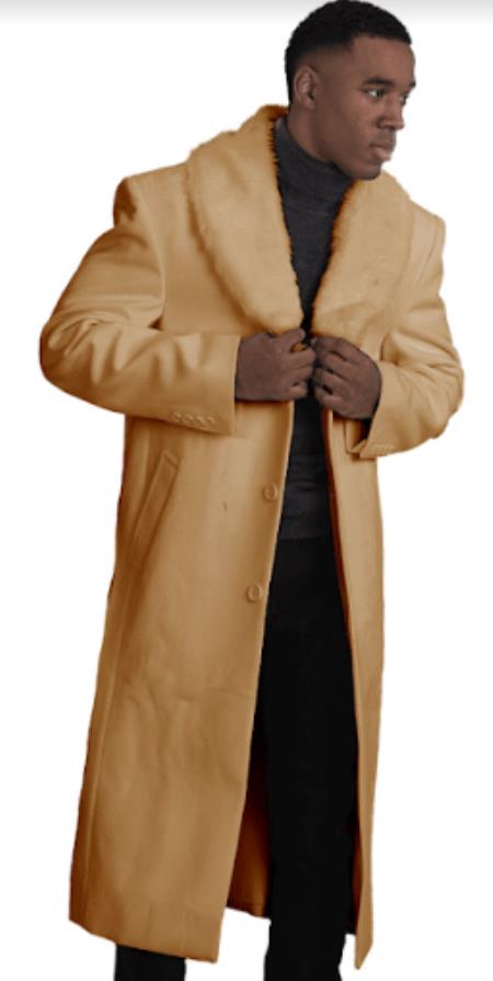 Mens Overcoat With Fur Collar - Camel Topcoat
