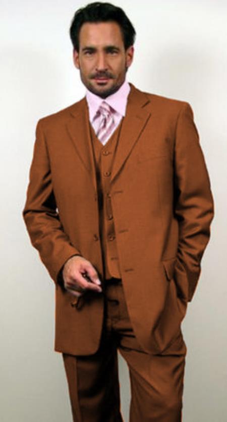 Classic Fit - 100% Wool Brown Suit - Three Button Vested Suit - Athletic Fit