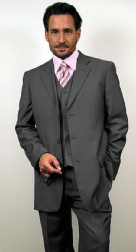 Classic Fit - 100% Wool Dark Grey Suit - Three Button Vested Suit - Athletic Fit