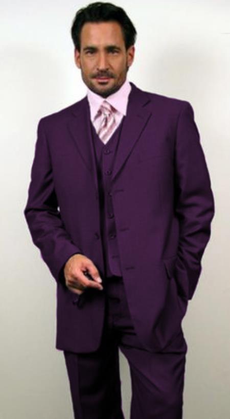 Classic Fit - 100% Wool Dark Purple Suit - Three Button Vested Suit - Athletic Fit