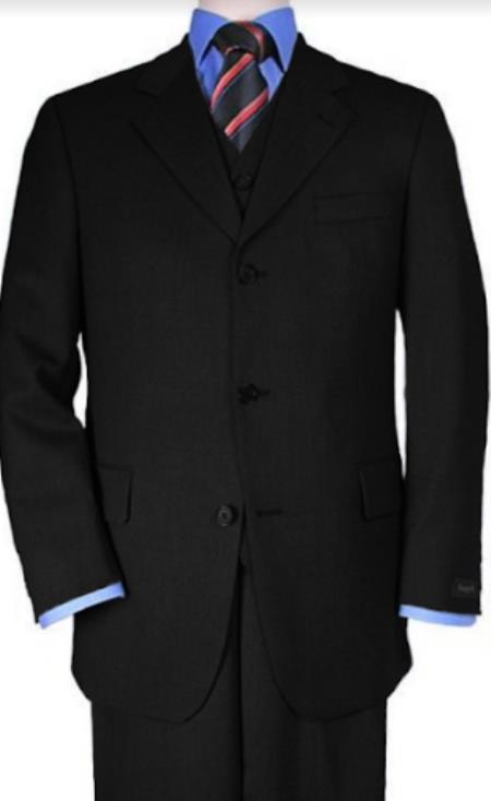 Classic Fit - 100% Wool Black Suit - Three Button Vested Suit - Athletic Fit