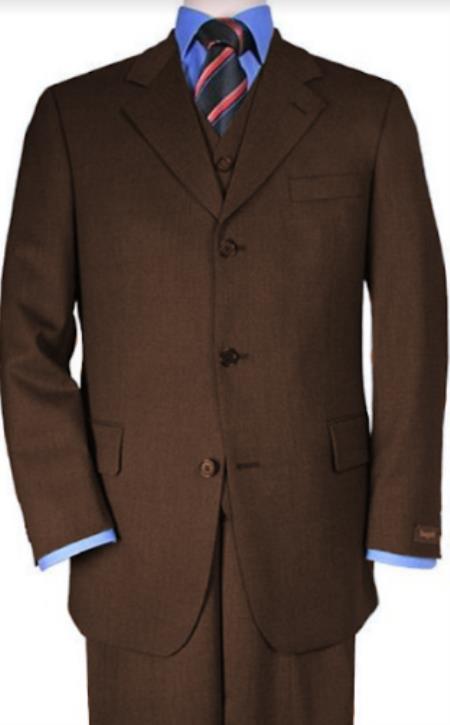 Classic Fit - 100% Wool Dark Brown Suit - Three Button Vested Suit - Athletic Fit