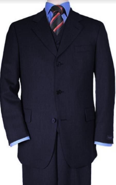 Classic Fit - 100% Wool Navy Suit - Three Button Vested Suit - Athletic Fit