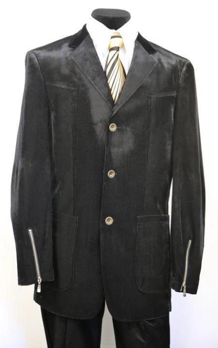 Velvet Suits - Patch Pocket = Three Button Suit with Zipper on Sleeve Black