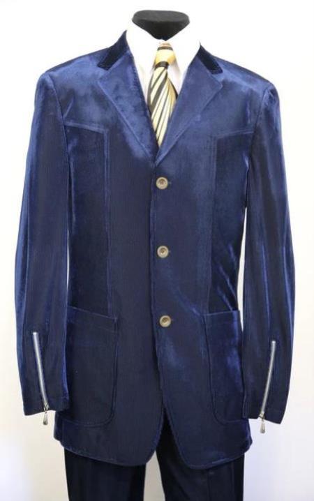 Velvet Suits - Patch Pocket = Three Button Suit with Zipper on Sleeve Blue