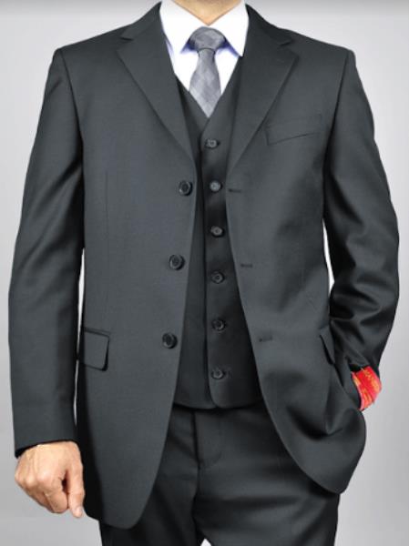 Classic Fit - 100% Wool Charcoal Suit - Three Button Vested Suit - Athletic Fit