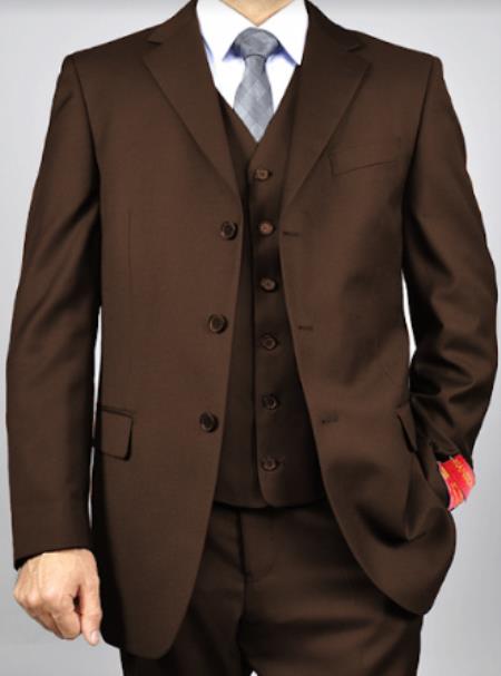 Classic Fit - 100% Wool Dark Brown Suit - Three Button Vested Suit - Athletic Fit