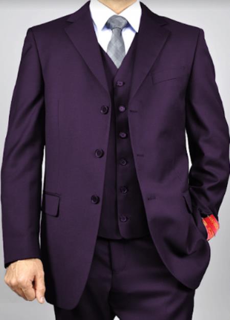Classic Fit - 100% Wool Eggplant Suit - Three Button Vested Suit - Athletic Fit