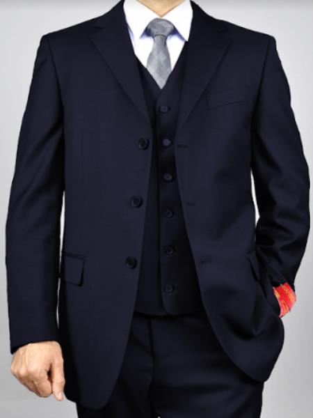 Classic Fit - 100% Wool Navy Suit - Three Button Vested Suit - Athletic Fit