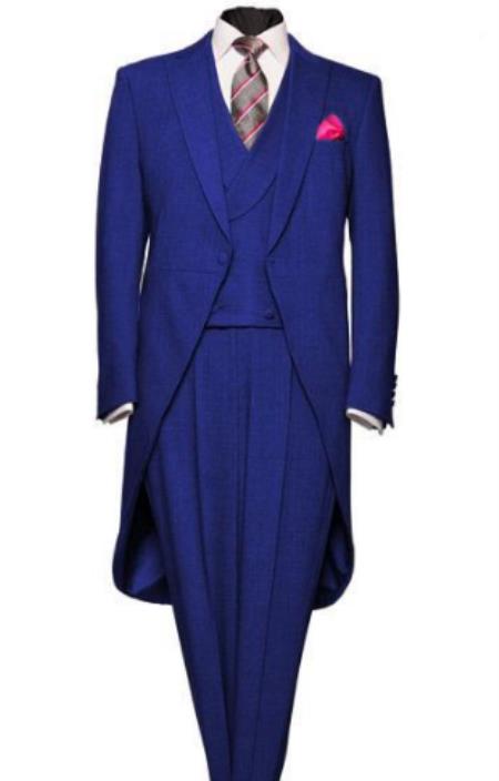 Men's Light Weight Peak Lapel Wool 1 Button Dark Blue Morning Coat