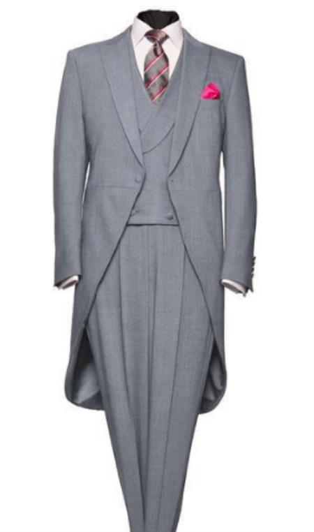 Men's Light Weight Peak Lapel Wool 1 Button Medium Grey Morning Coat