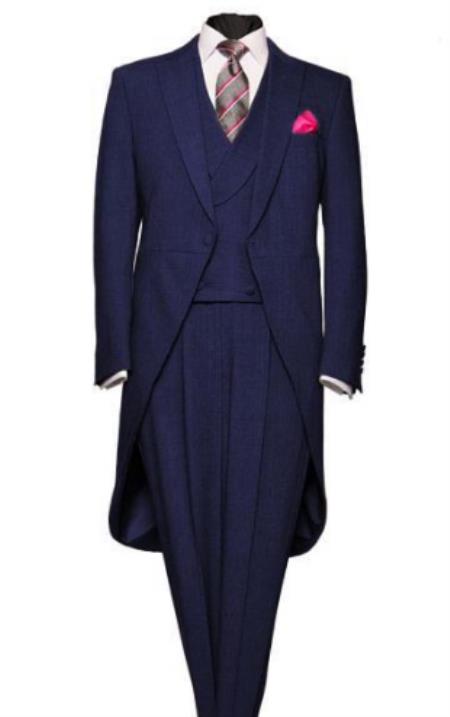 Men's Light Weight Peak Lapel Wool 1 Button Navy Blue Morning Coat