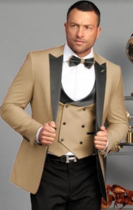 Ultra Slim Fit Prom Tuxedos - Tan Prom Suits with Double Breasted Vest - Homecoming Suit