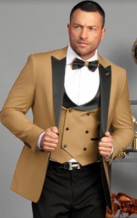 Ultra Slim Fit Prom Tuxedos - Camel Prom Suits with Double Breasted Vest - Homecoming Suit