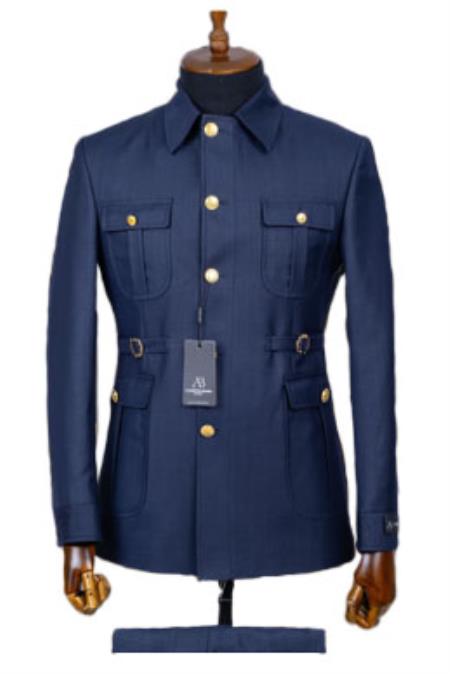Navy Blue Safari Suit - Safari Suit For Men - Mens Safari Outfits - 100% Wool Suit