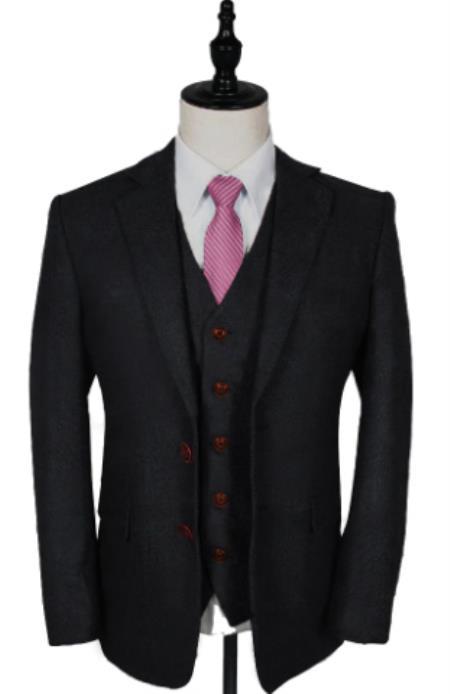 Mens Winter Suit - Suit For Cold Weather - Winter Color Tweed Herringbone Black Suit