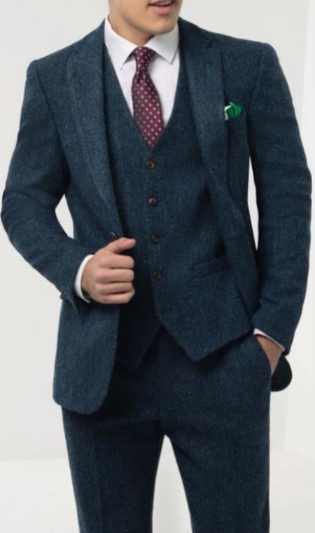 Mens Winter Suit - Suit For Cold Weather - Winter Color Tweed Herringbone Blue Suit