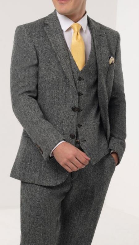 Mens Winter Suit - Suit For Cold Weather - Winter Color Tweed Herringbone Gray Suit